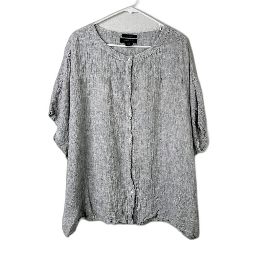 Tahari Button Up Shirt Medium Gray Linen Tunic Beachy Coastal Chic Lagenlook